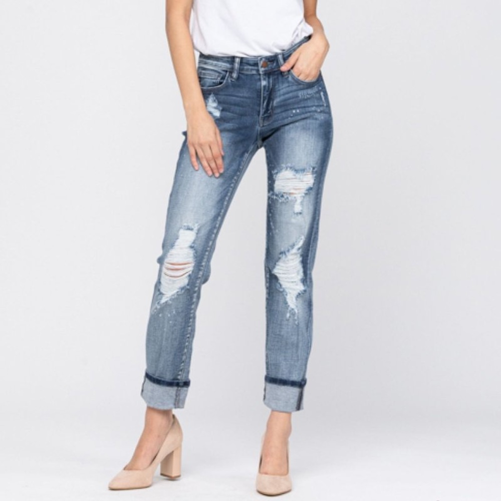 Judy Blue Destroyed BleachSplatter Boyfriend Jeans - Picture 1 of 7